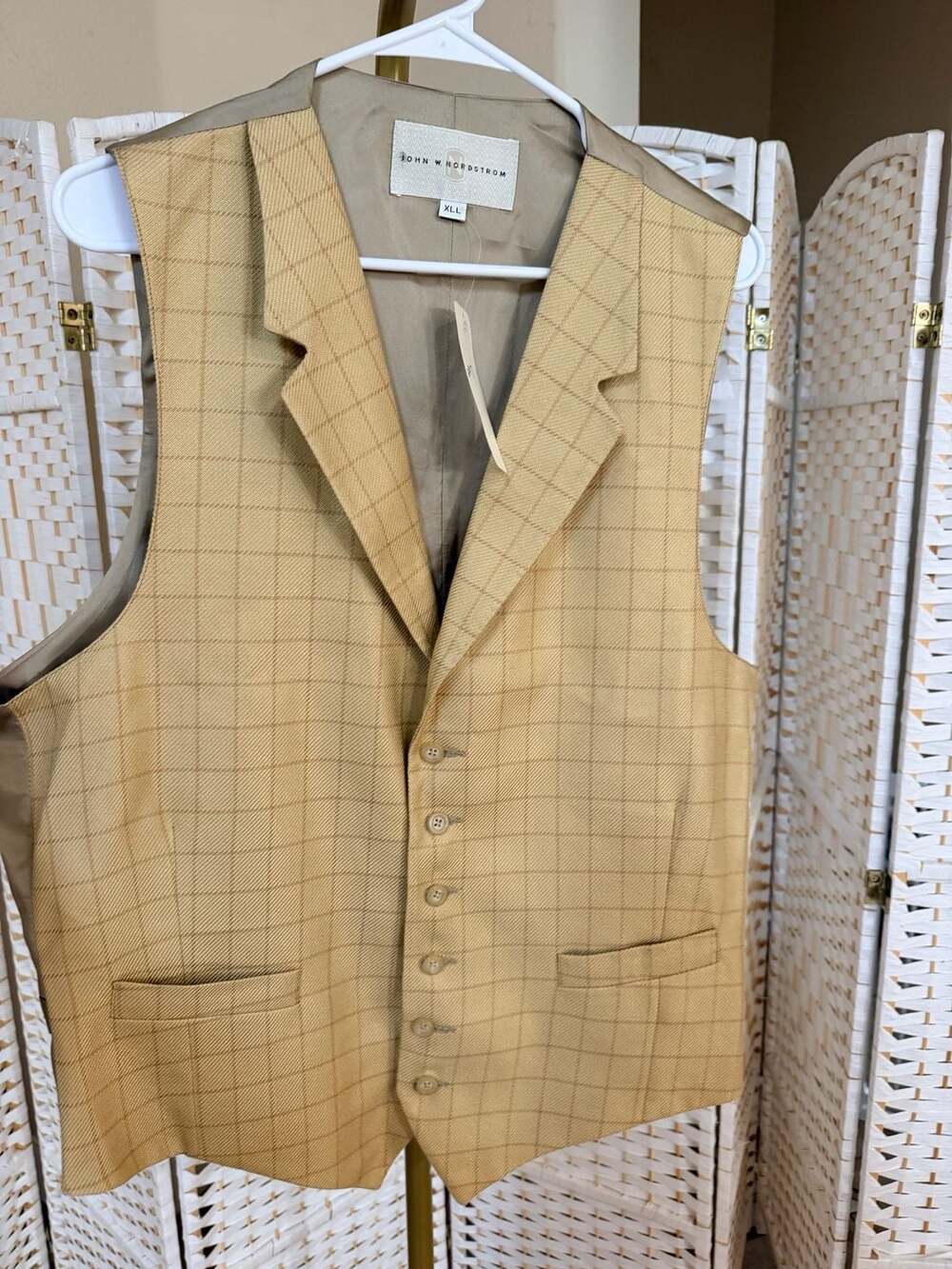 John W. Nordstrom Vest XLL Gold Tan Check Plaid Lapel Waistcoat